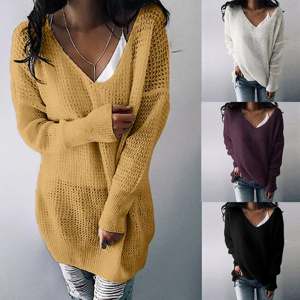 Womens Sweaters Ladies Fashion Autumn Winter Casual Solid Long Sleeve V-Neck Lazy Loose Pullover Sweater Blouse Tops | Женская одежда