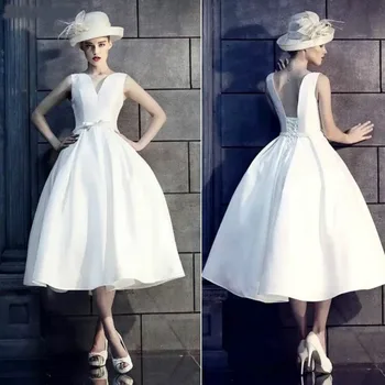 

Evening Dress Satin Backless Lace Up Ball Gown V-neck Elegant Prom Dresses Tea Length Prom Gown Simple Vestidos Gala 2020