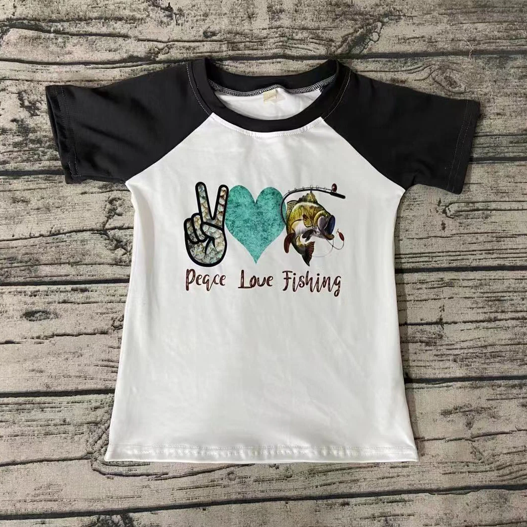 New Arrival Grey Short Sleeve Raglan shirt for Baby Boy Milk Silk Fishing Pattern | Детская одежда и обувь
