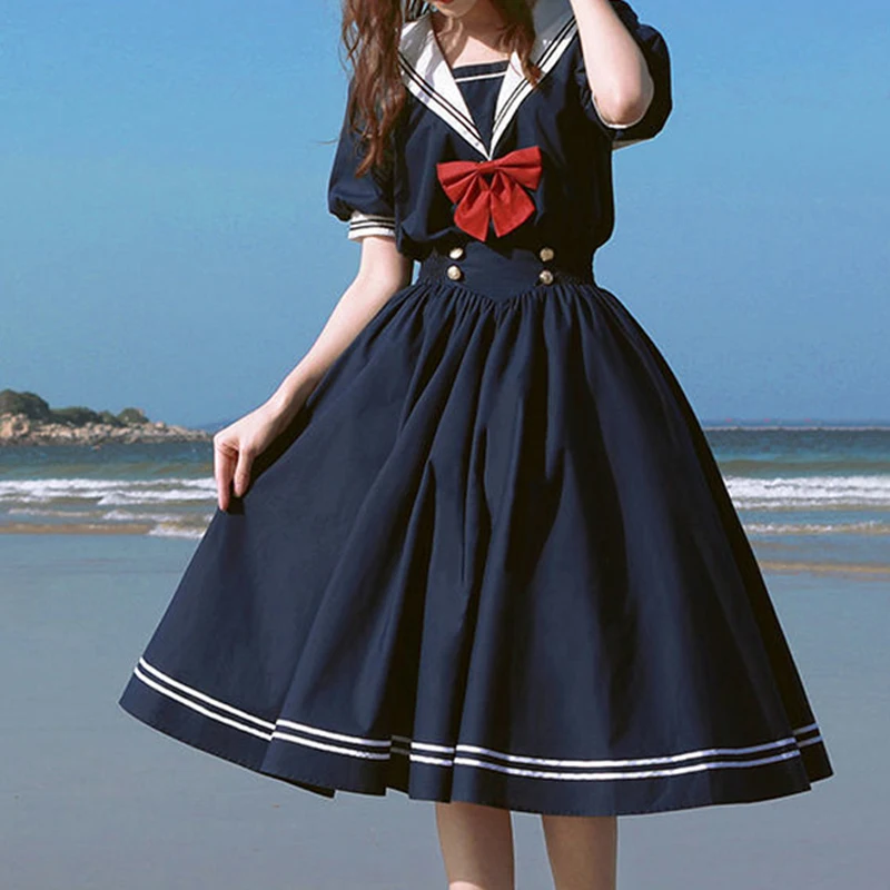 Harajuku Sailor Collar Navy Dress Japanese Lolita Sweet Bow-knot Girl Retro Cotton Kawaii Preppy Style Short Sleeve Dress Women