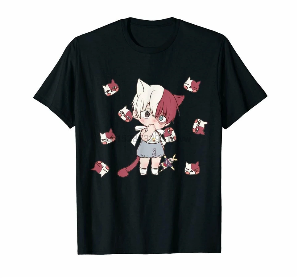 Todoroki Shouto Chibi аниме милая кошка забавная боку без героев Академия черная футболка