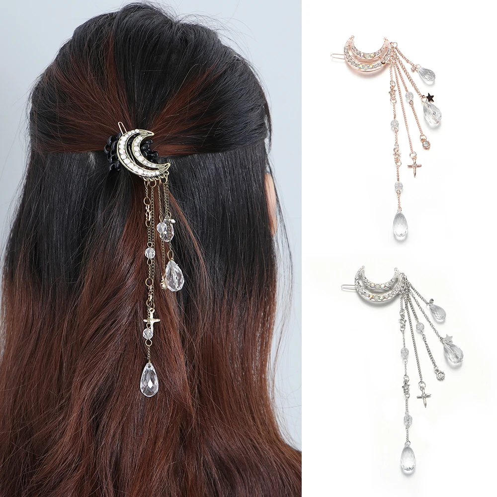 

Moon Crystal Rhinestone Beads Tassel Long Chain Beads Pendant Hairpin Hair Clip Beads Pendant
