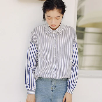 

Fashion clothing Striped Shirt Women's Tops Long-Sleeve Mid-length BF Style Loose Korean Shirt Casual Ladies Blouses Shirts 183A