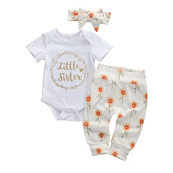 

Summer Infant Baby Clothing 3Pcs Newborn Set Baby Short Sleeve Bodysuits Pants Headband Cotton Outfit Child Girl Set