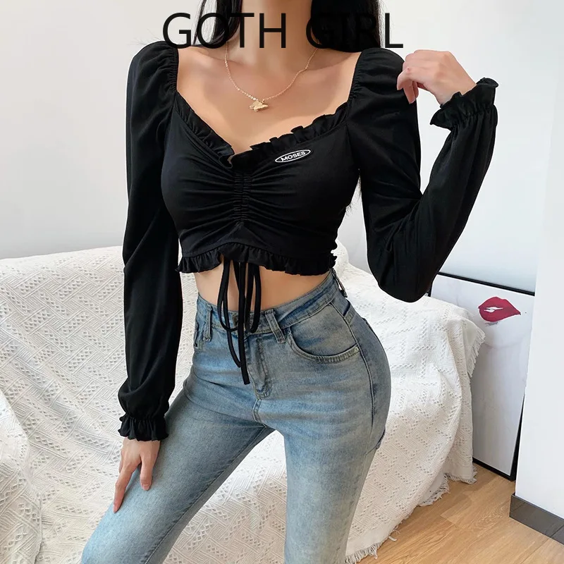 

Goth Girl 2020 Autumn and Winter Women's Retro Temperament Slimming Shirt Pleated Bell Sleeve V-neck Long-Sleeved T-shirt Women