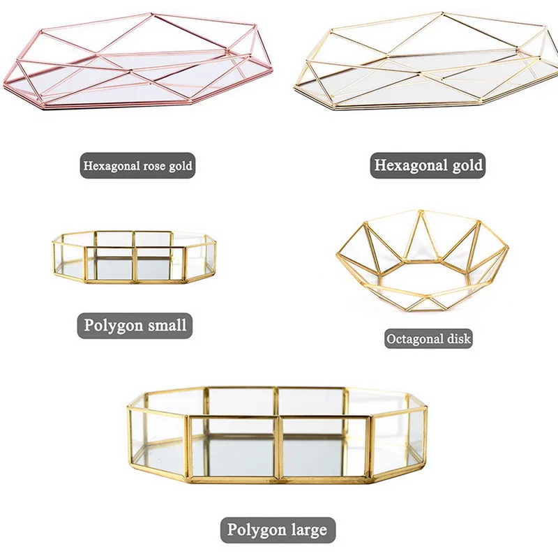 Поднос для хранения макияжа, Винтажный Золотой многоугольник, органайзер для декоративной косметики, латунь, стекло, коробка для хранения ювелирных изделий, 1 шт
