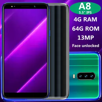 

A8 Global quad core smartphones 4G RAM 64G ROM 5.5" IPS 13MP Face ID unlocked android mobile phones 2SIM cheap celulars
