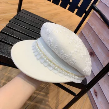 

White Lace Wool Visors Women Chic Elegant Sailor Navy Hats Fashion Pearl Princess Hat Black Newsboy Cap Star Style Adult 56-58cm