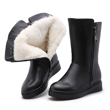 

2019 New Winter Cowhide Wool Boots In-tube Leather Boots Non-slip Wedges Flat Boots Black Warm Winter Boots Women Snow Boots