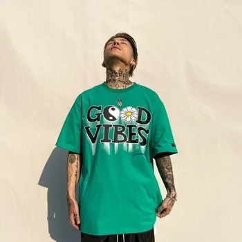 

Male Summer Streetwear Hip Hop Loose Tees Shirts Men's Letters Flowers Print Short Sleeve T-shirt