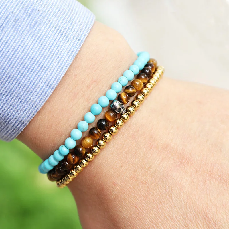 2020 New Men Bracelet Women Jewelry Bracelet Cute Design Stainless Steel Skull Natural Stone Beads Elastic Bracelet Male Female - Image 3