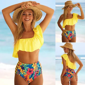 

Hot Sexy One Shoulder Bathing Suit Women High Waist Biquini Push Up Padded Split Underwear Set Fashion Printed Traje de baño