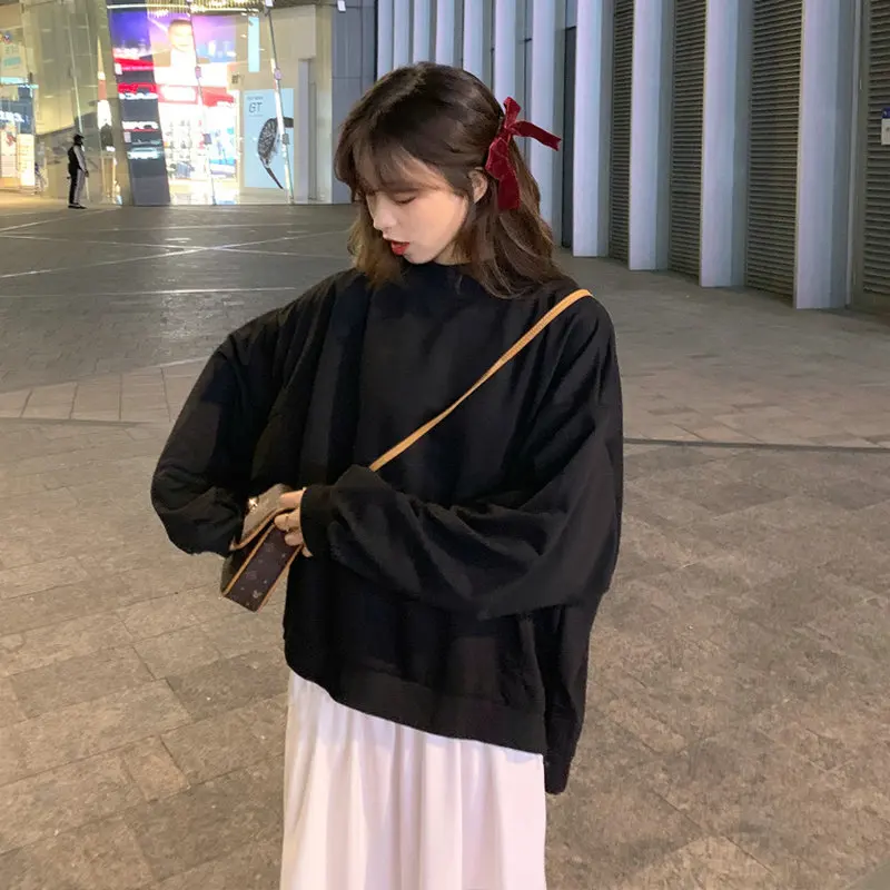 

2020 Spring Woman Fake Two Pieces Sweat Dress Black White Patchwork Oversize Loose Leisure Dresses For Girls Daily Look Wear New