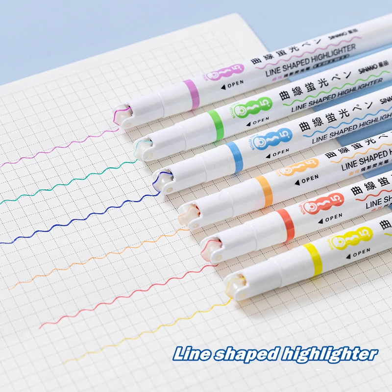 6pcs Curve Line Highlighter Pen Multi Color Roller Tip Wave Line Shaped Marker Highlighter Liner School F253