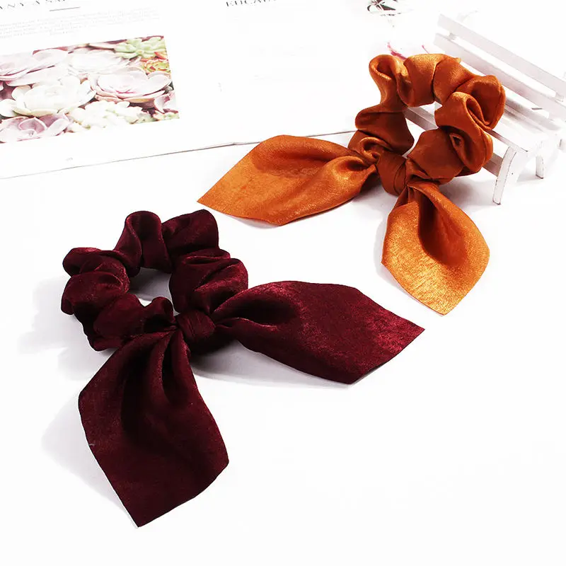 Pure Color Elastic Hair Band Rabbit Ear Bow Pearl Hair Rope Satin Ponytail Scrunchie Hair Tie For Women Headband Hair Accessorie