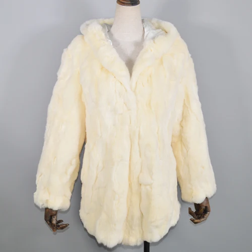 Длинная стильная Роскошная настоящая куртка с мехом кролика Рекс женская шуба из кролика рекс для девочек настоящий натуральный мех кролика рекс верхняя одежда с капюшоном - Цвет: beige