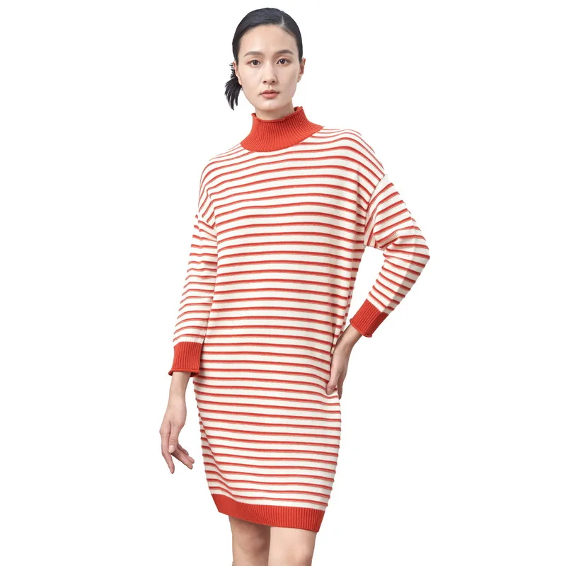

Young Lady Dress Knee-Length 100% Wool Winter Warm Turtleneck Student Striped Knitted Pullover Women Dresses