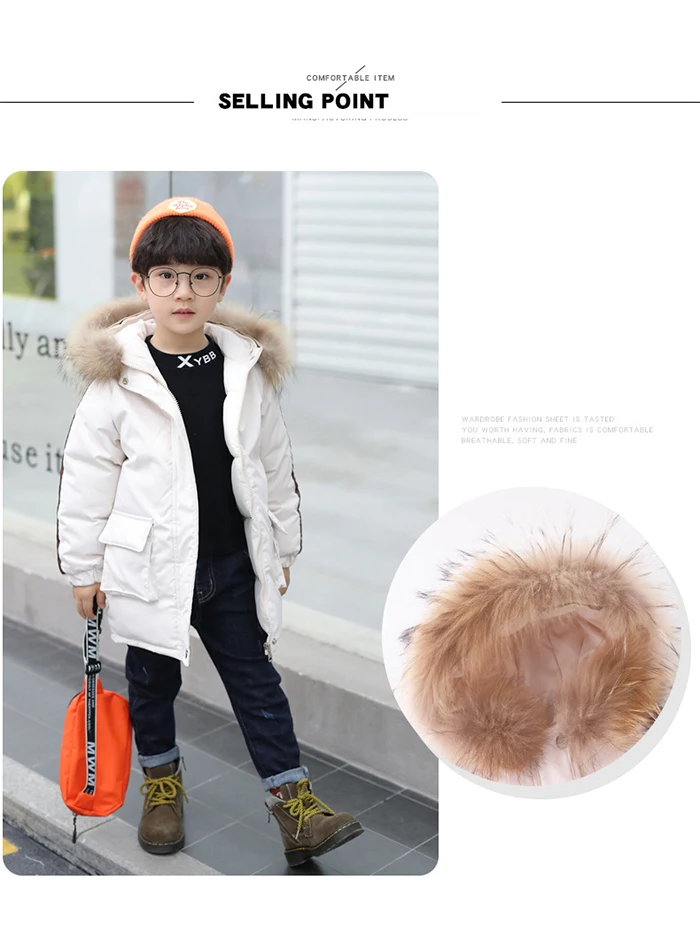 Детское пальто с большим карманом и воротником из натурального меха, Толстая теплая зимняя хлопковая куртка с капюшоном для мальчиков