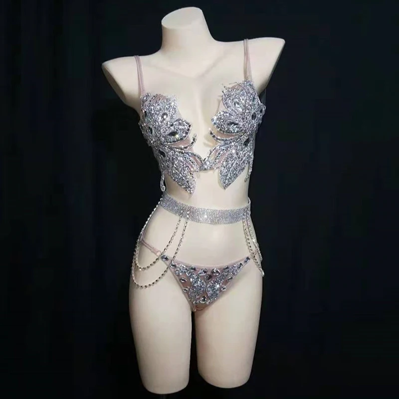 Блестящий комплект бикини с серебряными кристаллами, сексуальное боди для женщин, наряд для ночного клуба и бара, одежда для сцены и вечеринок, танцевальный костюм DT1676