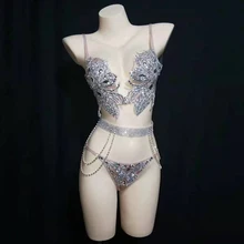 Блестящий комплект бикини с серебряными кристаллами, сексуальное боди для женщин, наряд для ночного клуба и бара, одежда для сцены и вечеринок, танцевальный костюм DT1676