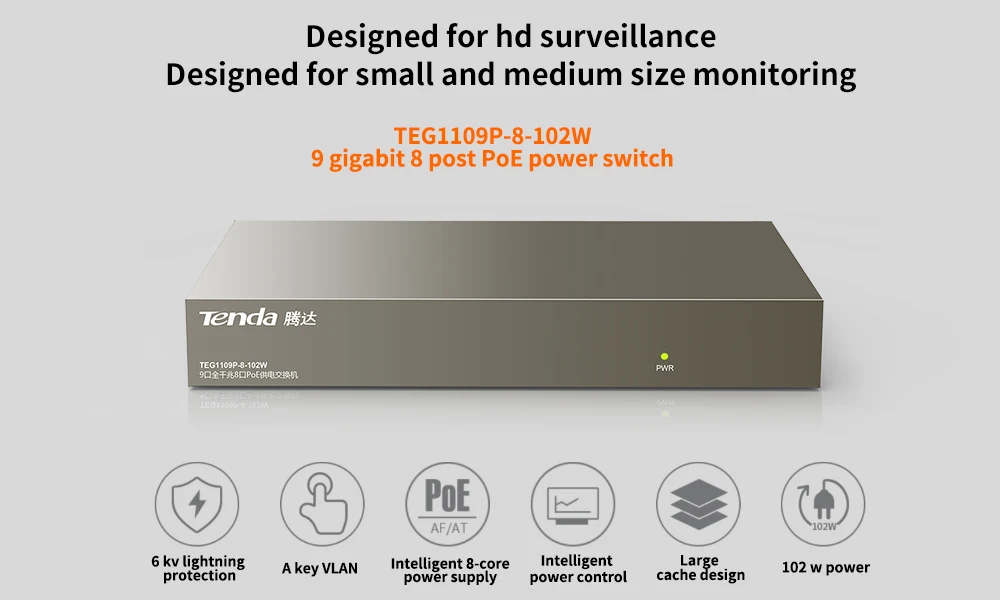 Tenda TEG1109P-8-102W гигабитный коммутатор POE сетевой коммутатор ethernet 9*10 100 1000 Мбит/с RJ45 порт 18 Гбит/с коммутационная емкость Plug Play