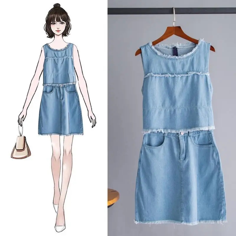 

Cowboy Women's 2019 Summer Wear New Style Crew Neck Short Vest Tops Tassels Skirt Short Skirt Two-Piece Set