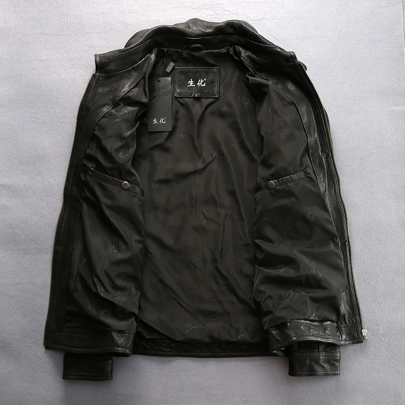 

slim fit jacket balck sheepskin shirt Epaulet zipper pockets biker leather coat for men autumn new arrivals