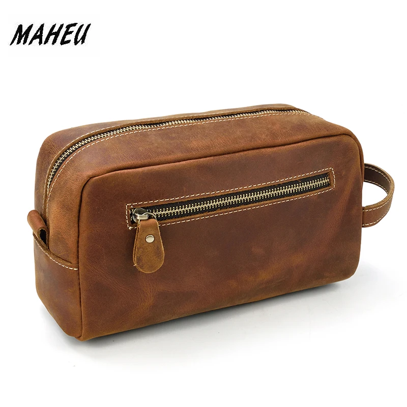 Cena MAHEU Casual męski skórzany portfel kopertówka długa torebka z prawdziwej skóry Unisex Zipper Hand Clutch Bag worek do przechowywania prania