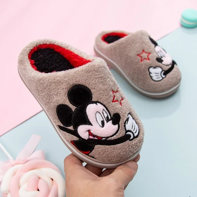 kids brown Disney Kids/сезон осень-зима; хлопковые теплые тапочки с Минни; нескользящая шерстяная обувь для маленьких мальчиков и девочек; домашние тапочки; обувь с героями мультфильмов - Цвет: kids brown