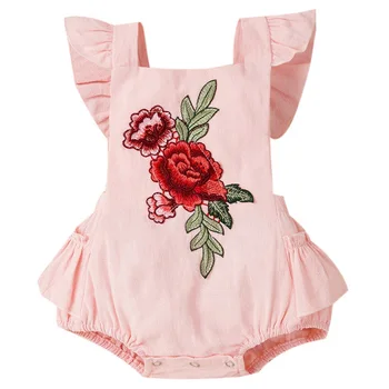 

Summer Sleeveless Kids Bodysuit For Girl Rose embroidery Baby Bodysuits Cotton Ruffle Infant Jumpsuit For 9-12 Months D30