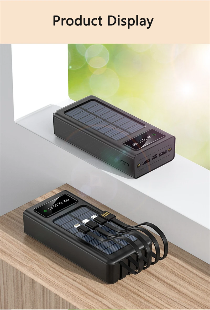Solar Power Bank 30000/20000/10000mAh built in Cable Portable Charger For iPhone 12 Xiaomi Powerbank External Battery Poverbank 12v power bank