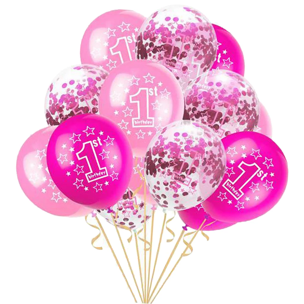 15 Pack Premium Quality Latex Balloons with Paillette Confetti and Ribbon 1st  Birthday Party Baby Shower Decor Accessory