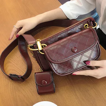 

3 bags set Diamond pattern women shoulder bag brand design wide strap crossbody bag chain Sling bag pu leather ladies handbag