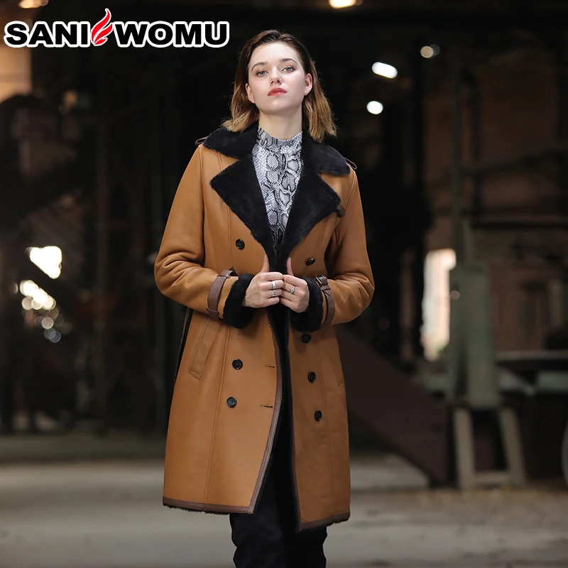Female yellow Женская модная куртка из натуральной кожи, зимнее теплое меховое пальто. Куртки из овчины, длинного размера плюс овечья шерсть - Цвет: Female yellow