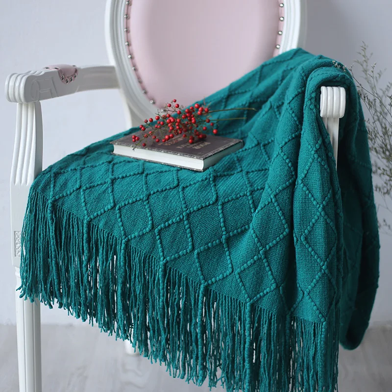 

Solid Color Lattice Knitted Blankets for Beds Home Tassel Sofa Blanket Cover Throw Blanket