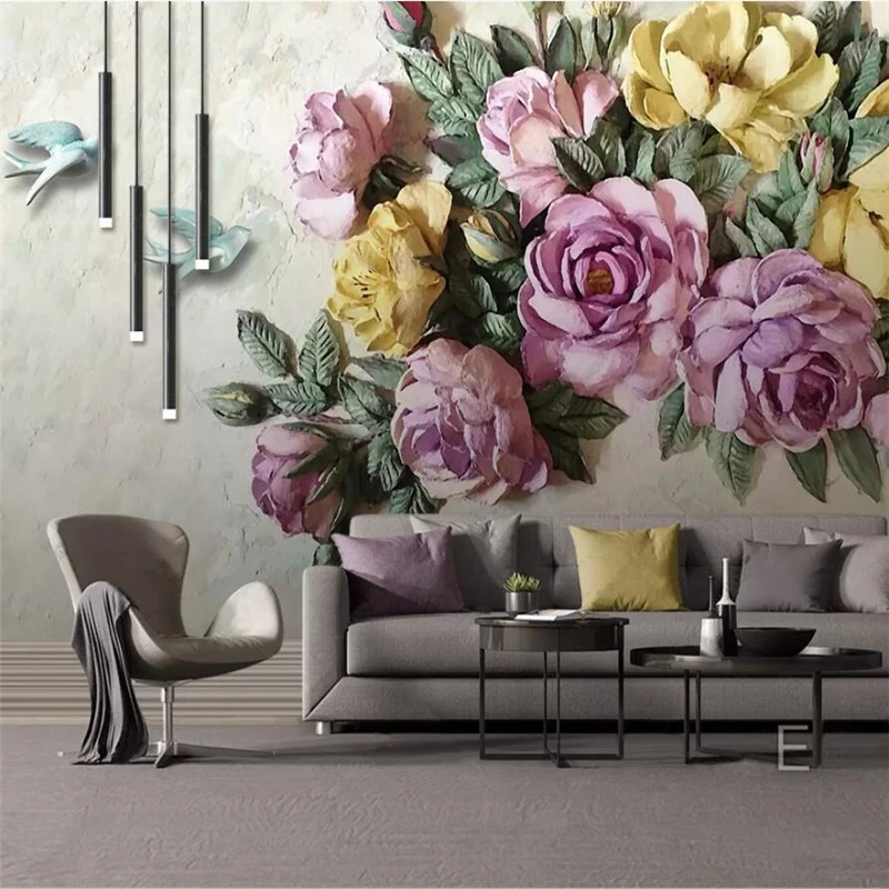 

Drop Shipping Customized Large Wallpaper 3d European Embossed Rose Flower Bird Background Wall Decorative Painting 3d Wallpaper
