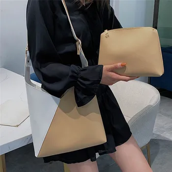 

Splicing Contrast PU Leather Bucket Bags For Women 2020 Summer Crossbody Bags Lady Shoulder Messenger Bag Female Travel Handbags