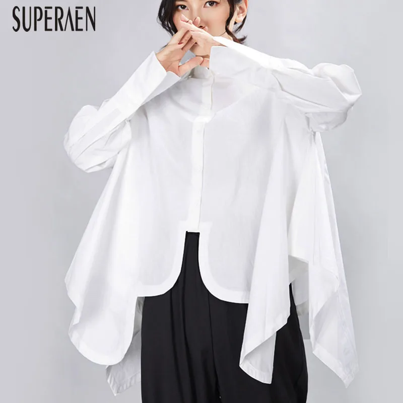 

SuperAen 2019 New Shirt Female Solid Color Cotton Europe Women Blouses and Tops Autumn Irregular Long-sleeved Women Clothing