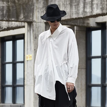 

Male Japan Streetwear Hip Hop Vintage Black White Dress Shirts Men Long Sleeve Asymmetric Placket Design Loose Casual Shirt