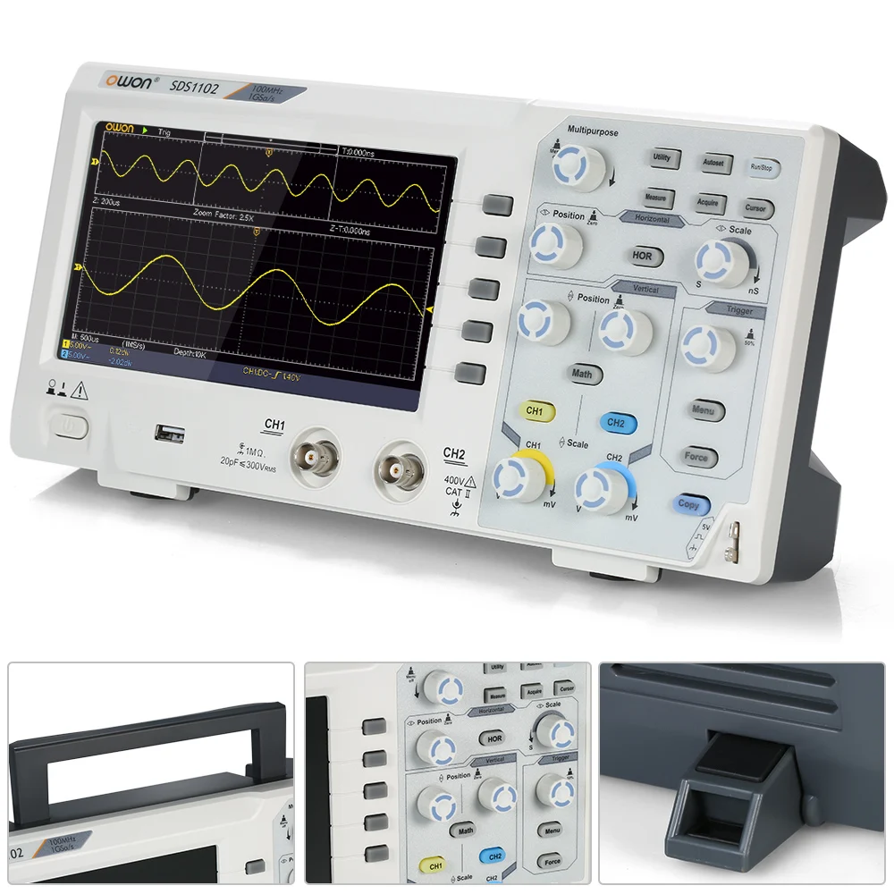 Owon SDS1102 осциллограф цифровой осциллограф 2CH 100 МГц 1GS/s " ЖК-дисплей длина записи 10 к