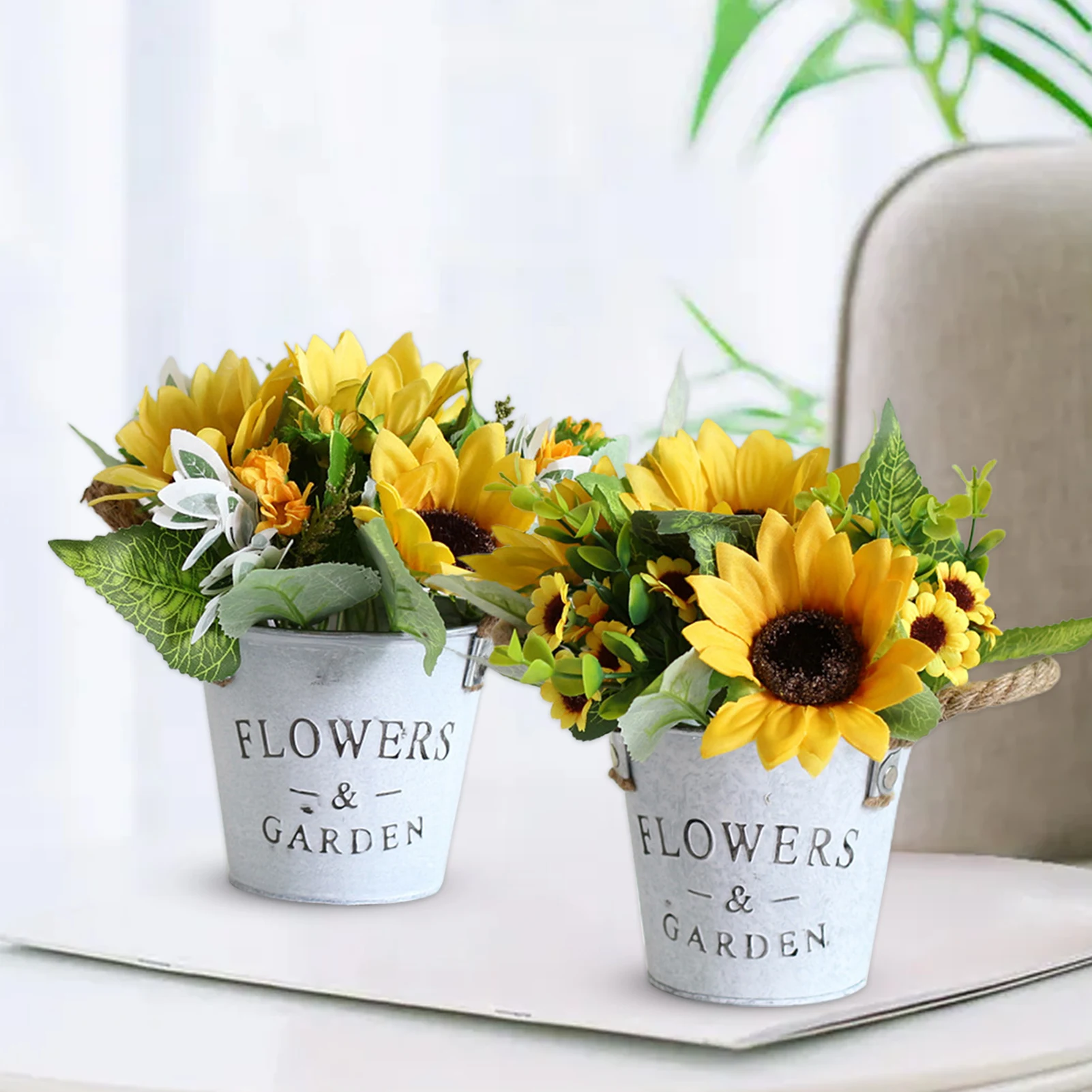 Sunflower Basket Set Decorative Artificial Flower And Retro Tin Bucket Home Decor Wedding Decoration Potted Plants | Дом и сад