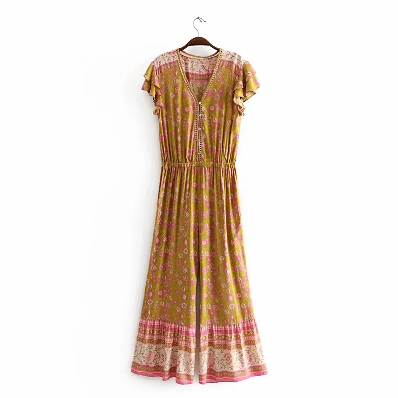 Повседневные Комбинезоны без рукавов свободные длинные брюки Boho Ползунки с цветами v-образным вырезом Ретро Женские повседневные Комбинезоны