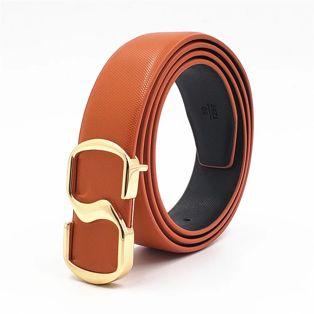 Luxury Smooth Buckle Brand Designer Belts Men High Quality Women Punk Fashion Belt Genuine Leather Male Trendy Strap for Jeans - Цвет: Gold Orange