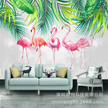 

Hand-Painted Torrid Zone Plant Flamingo Large Mural Cool Northern European-Style Restaurant Hotel Fire Bird 8D Mural