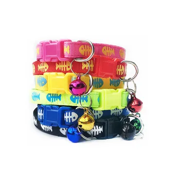 

Adjustable Cat Collar Cute Bone of Fish Print Breakaway Nylon Pet Puppy Dog Cat Collar with Bells 19-32cm 1.0cm Drop Shipping
