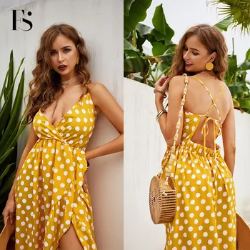 

2020 Summer Solid Color Deep V Halter Women Sexy Dress Female Yellow Color Dot Print Backless Irregular Dress