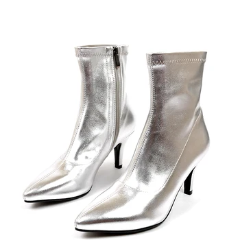 

Autumn and winter fashion silver high-heeled women's boots with pointed toe and short boots fashion large size Martin boots