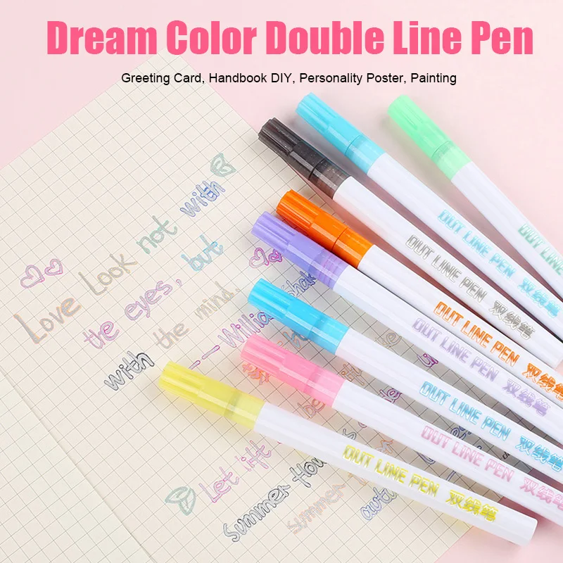 8 Pcs/Set Marker Pen Magic Double Line Outline Art Drawing Pens Gift Card Writing Stationery for Journaling Doodling Scribbling Planning Highlighting