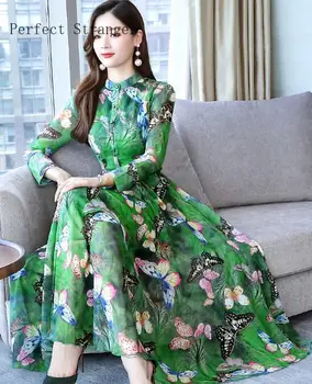 

Plus Size M-3XL Bohemian Style 2020 Spring New Arrival Stand Collar Butterfly Printed Long Sleeve Women ChiffonLong Dress