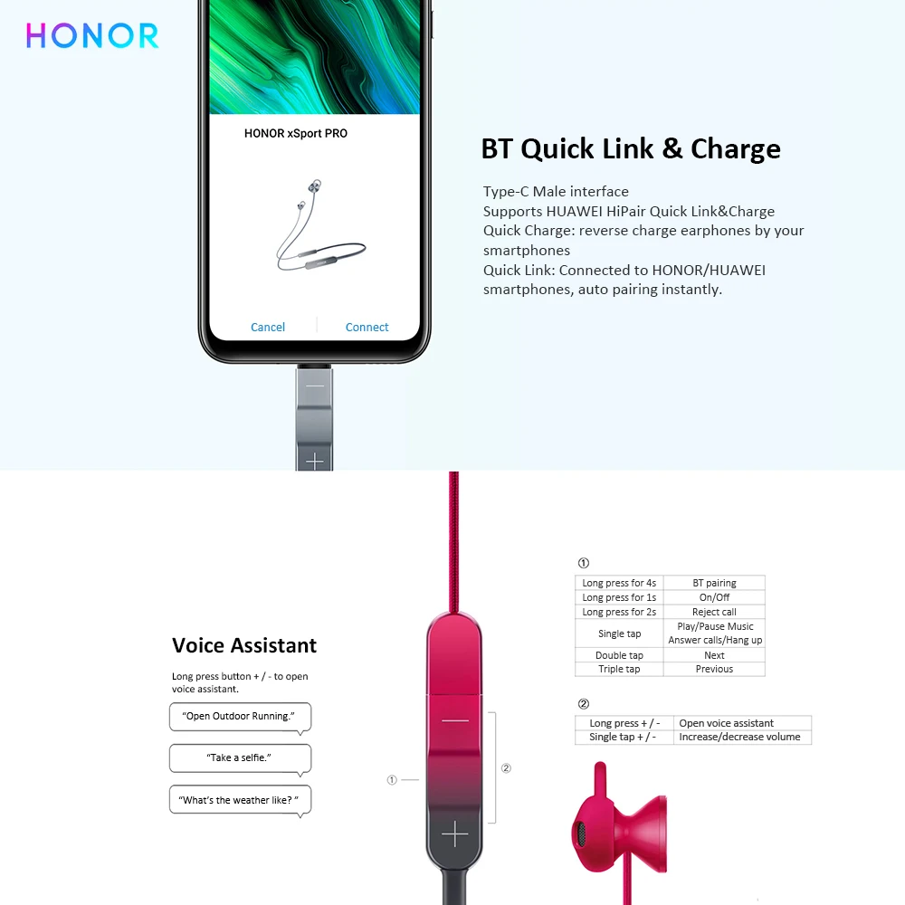 Honor xSport Pro, Bluetooth 5,0, гарнитура, IP55, водонепроницаемые, стерео, музыкальные, беспроводные наушники, Hands-free, шумоподавление, бас, наушники